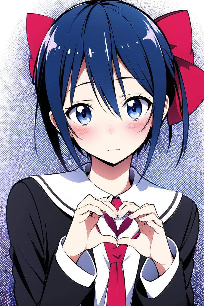 17867-1850020890-Tsugumi Seishiro, solo, heart, blue eyes, heart hands, school uniform, necktie, 1girl, black hair, blush, short hair, bow, hair.png